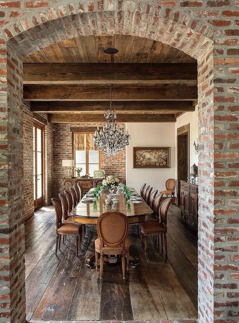 Brick Dining Room, Exposed Brick Interior, Plank Hardwood Floors, Brick Archway, Country Colonial, Brick Room, Wide Plank Hardwood Floors, Wood Plank Ceiling, Brick Interior