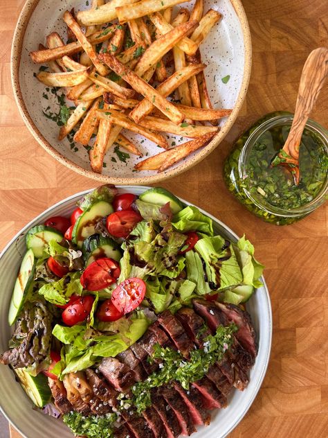 Chimichurri Steak Recipe with Frites – Cook By Color Nutrition Steak Frites With Chimichurri, Chimichurri Steak Sides, Chimichurri Recipe Steak, Boneless Ribeye Steak, Chimichurri Steak, Steak Sides, Dried Potatoes, Steak Frites, Salad Toppings