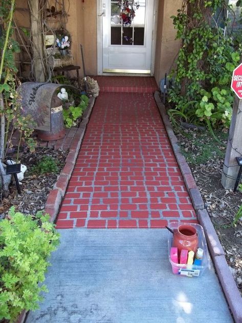 faux brick walkway used a mixture of leftover paints and a sponge, concrete masonry, Is this walkway getting longer Faux Brick Panels, Brick Edging, Brick Walkway, Faux Brick Walls, Bricks Diy, Brick Paneling, Faux Brick, Brick Colors, Brick Patios