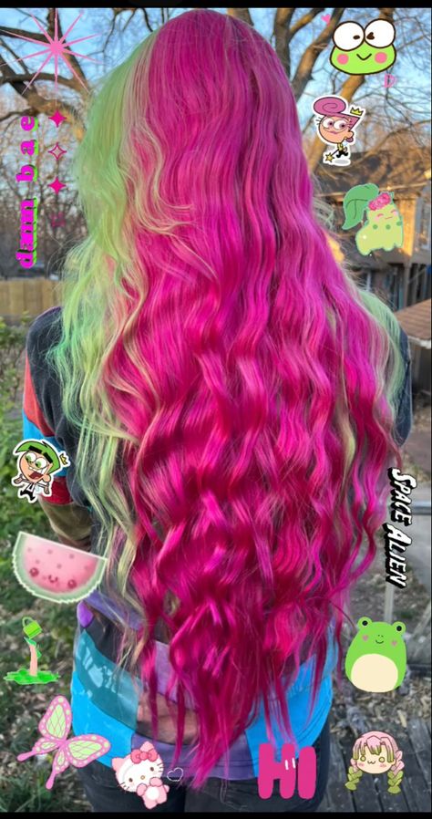 Pink And Green Hair, Purple And Green Hair, Watermelon Hair, Weird Haircuts, Venus Mcflytrap, Bright Pink Hair, Vivid Hair Color, Creative Hair Color, Dyed Hair Inspiration