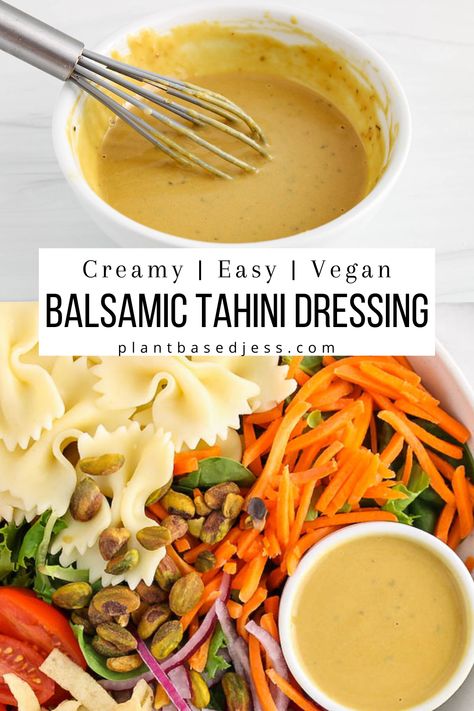 View ona. bowl of creamy balsamic tahini dressing. Oil Free Dressings Vegan Recipes, Best Vegan Salad Dressing, Dressing For Veggie Bowls, Buddha Bowl Tahini Dressing, Vegan Taziki Dressing, Roasted Veggie Sauce Recipe, Dressing For Roasted Veggies, Tahini Vinaigrette Dressing, Roasted Veggie Dressing