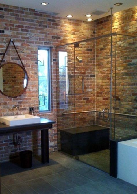 10 Of The Most Amazing Brick Shower Designs - Housely Brick Bathroom Wall, Exposed Brick Bathroom, Brick Wall Bathroom, Brick Tiles Bathroom, Partial Wall, House Of Mirrors, Brick Bathroom, White Bricks, Rustic Loft