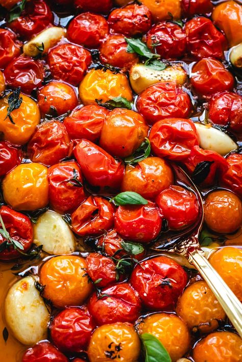 These Roasted Cherry Tomatoes are bursting with garlicky, caramelized, and sweet flavors. Perfect for using up your summer harvest or wrinkly end-of-season cherry tomatoes, this versatile recipe concentrates natural sugars and flavors into a rich topping for pasta, pizza, bruschetta and more. Toasted Cherry Tomatoes, Cherry Tomato Roasted, Pizza Bruschetta, Slow Roasted Cherry Tomatoes Oven, Roasted Cherry Tomatoes And Garlic, Roasted Cherry Tomato Bruschetta, Quick Pizza Sauce, Cherry Tomato Pasta Sauce, Autumn Dinner