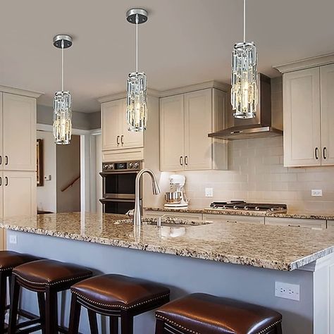 Modern Pendant Lights For Kitchen Island, Light Pendants Over Island, 3 Pendant Lights Over Kitchen Island, Bar Counter Lighting, Lighting Above Kitchen Island, Lights Above Kitchen Island, Hanging Kitchen Lights, Over Island Lighting, Kitchen Island Light Fixtures