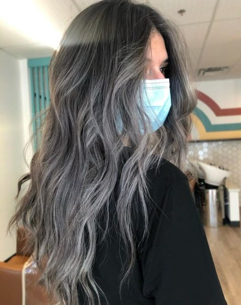 Smoky Black Hair, Platinum Gray Highlights, Smoky Hair Color Brown, Dark Gray Highlights, Dark Hair With Grey Highlights, Smoky Grey Hair, Smoky Highlights, Gray Balayage On Dark Hair, Grey Highlights In Brown Hair