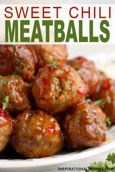 Sweet Chili Meatballs are a perfect party appetizer. With only 4 ingredients, they are packed with flavor, simple to make, and easy to enjoy! Meatball Flavors Appetizers, Chili Meatballs, Chili Balls Recipe, Chili Balls, Meatballs With Chili Sauce, Meatballs For Party Appetizer Recipes, Sweet Sauce For Meatballs, Strawberry Meatballs, Meatball Marinade