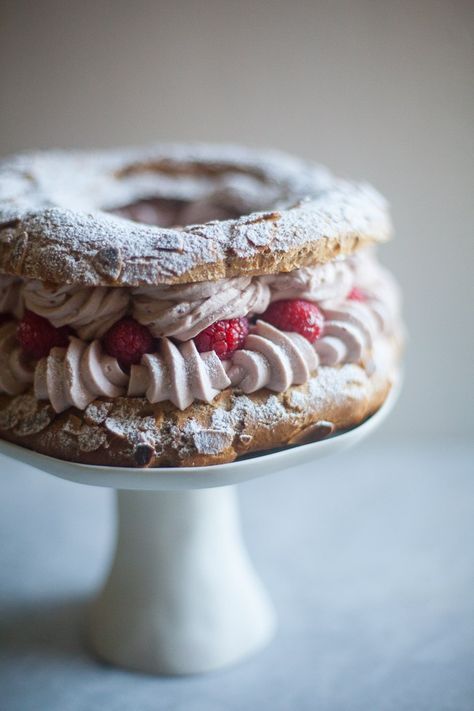 Raspberry Paris Brest | ZoeBakes photo by Zoë François Cake Paris, Classic French Desserts, Paris Cakes, First Communion Cakes, Holiday Sweets, Holiday Pies, Paris Brest, Choux Pastry, French Dessert