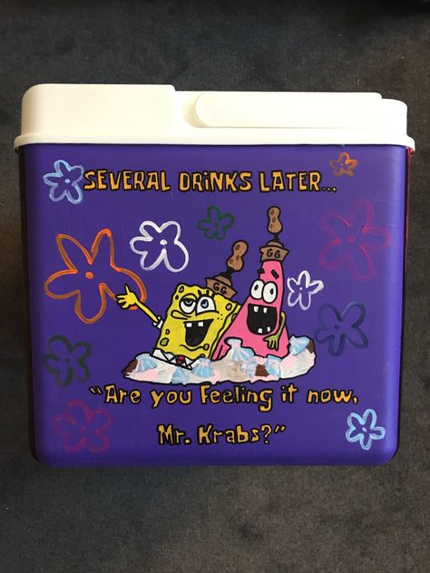 Hand painted fraternity cooler with spongebob design #handpainted #cooler #frat #spongebob #sorority #formal Cooler Ideas Fraternity, Hand Painted Coolers, Painted Fraternity Coolers, Spongebob Design, Beer Pong Table Diy, Diy Beer Pong, Diy Beer Pong Table, Sorority Coolers, Beer Pong Table Designs