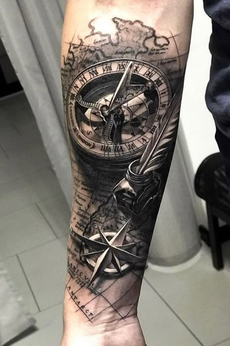 Ship Tattoo Sleeves, Nautical Tattoo Sleeve, Font Tato, Cool Half Sleeve Tattoos, Pirate Tattoo, Men Tattoos Arm Sleeve, Forarm Tattoos, Forearm Sleeve Tattoos, Cool Forearm Tattoos