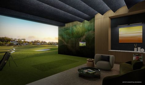 Golf Zone, Gentlemans Room, Simulator Room, Golf Simulator Room, Golf Room, Home Theater Room Design, Theater Room Design, Golf Simulator, Golf Simulators