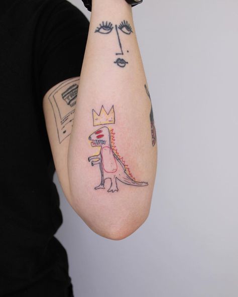 Warhol Tattoo, Basquiat Dinosaur, Basquiat Tattoo, Rex Tattoo, T Rex Tattoo, Dinosaur Tattoo, Art Inspired Tattoos, Dinosaur Tattoos, Single Needle Tattoo