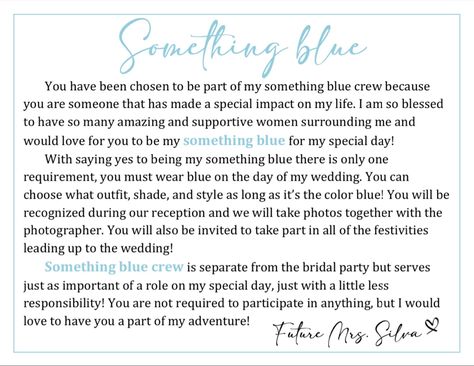 I am OBSESSED with this trend. Such a special way to include people outside of the bridal party. Card designed by @ did_it_herself on Instagram Bridal Party Info Card, Something Blue Crew Wedding, No Bridal Party Wedding Ideas, Blue Crew Wedding Proposal, Wedding With No Bridal Party, Blue Crew Wedding, Bridal Party Quotes, No Bridal Party Wedding, Something Blue Crew