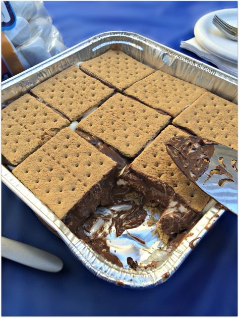 S'Mores Cake On The Grill Smores Dessert, Grilled Desserts, Smores Cake, Traeger Recipes, Summer Corn Salad, Campfire Food, Boat Food, Lake Food, Camping Recipes