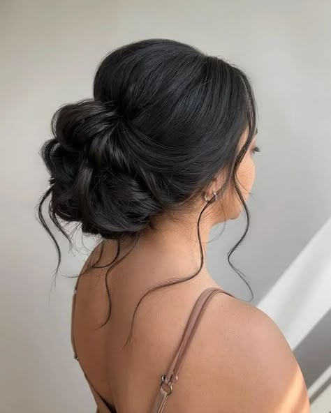 Updo For Brown Hair, Low Prom Bun, Wedding Hair Up Do For Bride, Bridal Updo For Thick Long Hair, Quince Hair Up, Maid Of Honor Hair Updo, Bridesmaids Hair Up, Wedding Bridal Hair Updo, Asian Wedding Hair Updo