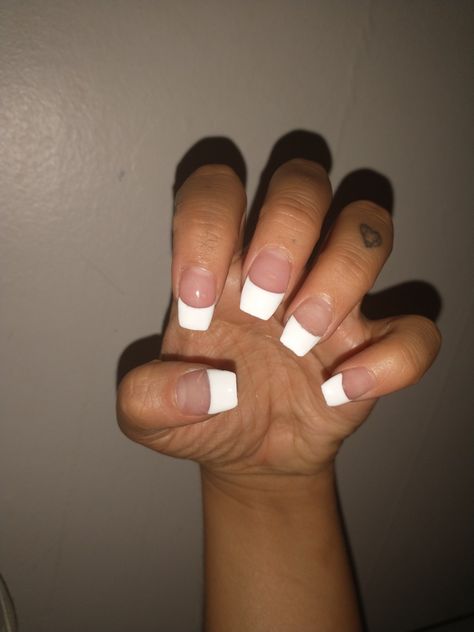 White French tip coffin nails manicure Chunky White French Tip Nails, Thicker French Tip Nails, Large French Tip Nails, Short Chunky French Tips, Short Thick French Tip Nails, Chunky French Tip, Old School French Tip Nails, French Tip Acrylic Nails Square Thick White, Chunky French Tip Nails