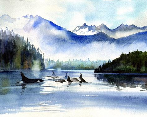 Alaska Watercolor Painting, Orca Watercolor, Color Painting Ideas, Sea Watercolor, The Narrows, Watercolor Mixing, Artistic Ideas, Landscape Art Painting, Watercolor Mountains