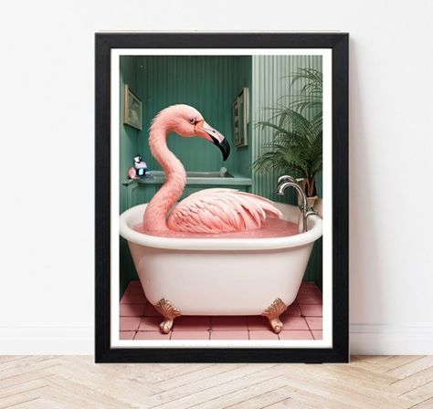 Flamingo In Bath Print - Funny Pink Flamingo in Vintage Bathtub - Pink Bathroom Wall Art Picture Toilet Loo Ensuite Sign Animal Bird Teal (A3 Print Only) : Amazon.co.uk: Home & Kitchen Corner Library, Flamingo Bathroom, Vintage Bathtub, Downstairs Toilet, Vintage Bath, Wall Art Picture, Bathroom Pictures, Pink Bathroom, Green Bathroom