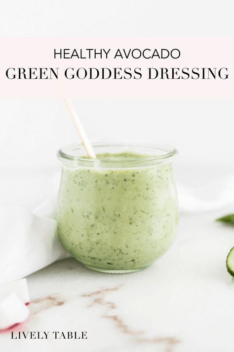 This healthy green goddess dressing with avocado and Greek yogurt is a delicious dip or dressing that is so easy to make in just 5 minutes and goes well on everything from salads, to sandwiches, to crudité platters! (#glutenfree, #vegetarian, #nutfree) Healthy Green Goddess Dressing, Goddess Dressing Recipe, Greek Yogurt Dressing, Healthy Dressing, Goddess Dressing, Green Goddess Dressing, Cocktail Syrups, Yogurt Dressing, Craft Cocktail