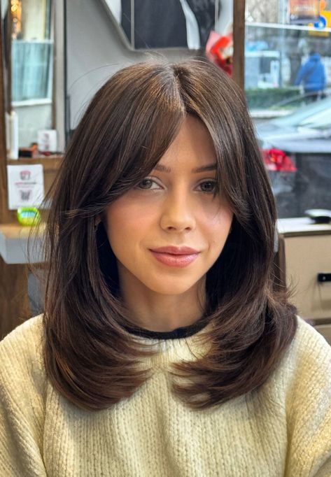 Chestnut Brown Hair With Bangs, Curtain Bangs Off Center Part, Curtain Bang Medium Haircut, Medium Hairstyle With Curtain Bangs, Black And Brown Short Hair, Straight One Length Hair, Shorter Hair Layers, Long Fringe Short Hair, Lob And Curtain Bangs