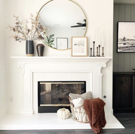 Big Round Mirror Over Fireplace, Mantle Decor With Circle Mirror, Circle Mirror Fireplace Mantles, Circle Mirror Fireplace, Fireplace Mantle Decor With Round Mirror, Fireplace With Round Mirror Above, Gold Mirror Fireplace Mantle, Mantle Decor Round Mirror, Fireplace With Round Mirror