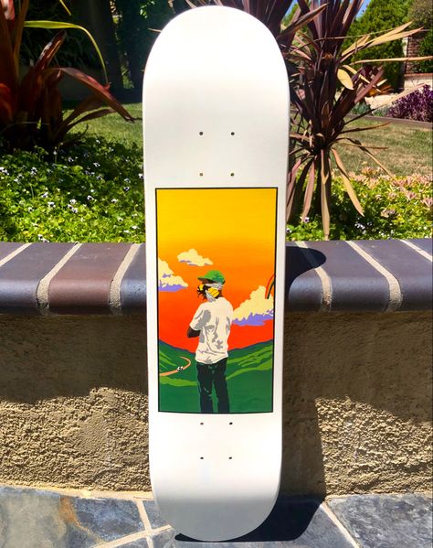 Hand-painted skateboard deck. Tyler, The Creator’s “Flower Boy” themed. I coat each of my decks in a couple layers of polyurethane which makes the board waterproof, scratch resistant, and gives it a glossy shine. Each deck is made to order and takes roughly 5 days to complete, but it could be a bit longer depending on your spot on my waitlist. Message me if you’re interested or if you want your own custom skateboard. Matching Skateboards, Art On Skateboard Decks, Skateboard Decks Art, Skateboard Custom Paint, Tyler The Creator Flower, Skateboard Deck Painting, Tyler The Creator Flower Boy, Custom Skateboard Decks Art, Skateboard Painting