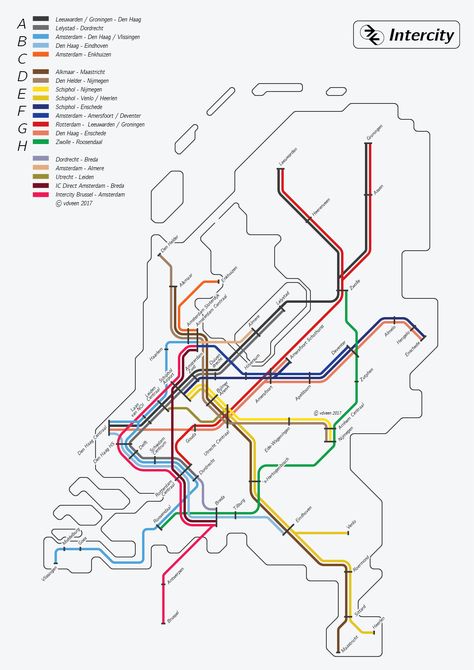 Unofficial Map: “Spoorslag 70″-Style Map of Intercity Trains in the Netherlands, 2017 by AS Veen The lovely 1970 Dutch train map featured in my previous post was brought to my attention by the author of this map – a pitch-perfect recreation of the... Subway Map Design, Map Brochures, 70 Style, Underground Map, Train Map, Seventies Style, Transit Map, Metro Rail, Metro Map