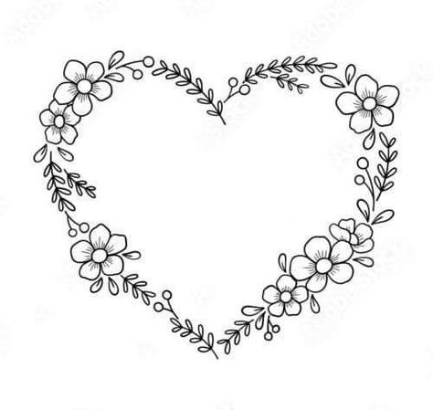 Floral Heart Drawing, Floral Heart Tattoo Design, Heart Border Design, Embroidery Heart Pattern, Heart Shape Frame, Embroidery Hoop Art Diy, Hand Embroidery Patterns Free, Simple Hand Embroidery Patterns, Wreath Drawing