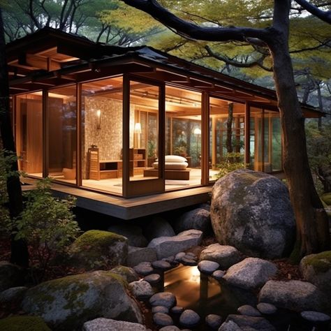 Japanese Mountain House, Solarium Room, Japanese Mountains, Stone Mountain, Japanese Interior, Mountain Resort, Mountain Home, Mountain House, Dream House