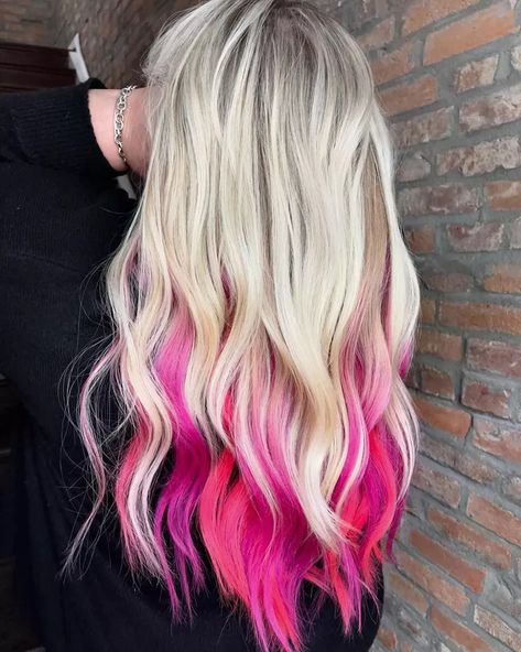 17 Peekaboo Highlight Ideas For a Surprise Pop of Color Bright Color Highlights For Blondes, Vivid Highlights Blondes, Peekaboo Hair Color Pink Blonde, Hairstyles To Show Off Peekaboo Color, Pop Of Color Hair Blonde, Peekaboo Hair Colors Blonde, Blonde To Pink Hair, Blonde With Pink Peekaboo, Color Peekaboo Hair