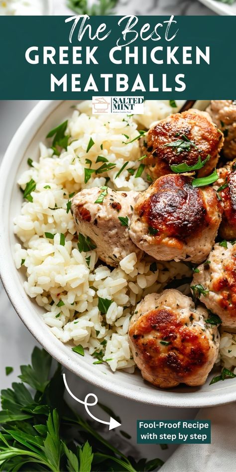 Looking for a healthier yet delicious Easy Dinner option? Try our Greek Chicken Meatballs! 🌟 Versatile and bursting with flavor, these meatballs can be oven-baked for a lighter meal or fried to golden perfection. Using Ground Chicken or Ground Turkey, this recipe is a standout among Chicken Recipes, perfect for any day of the week. Best Greek Chicken, Greek Chicken Meatballs, Favorite Chicken Recipes, Easy Meatballs, Greek Dinners, Greek Meatballs, Chicken Meatball Recipes, Creamy Feta, Ground Chicken Recipes