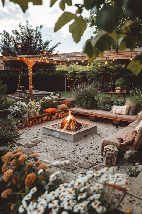 DIY Sunken Fire Pit Ideas for Cozy Backyards Bonfire Place Garden, Campground Fire Pit Ideas, Outdoor Seating Fire Pit, Outdoor Seating With Fire Pit, Community Fire Pit, Fire Pit Party Ideas Backyard, Inground Fire Pit Ideas Backyard, Landscaping Around Fire Pit Area, Step Down Fire Pit Area