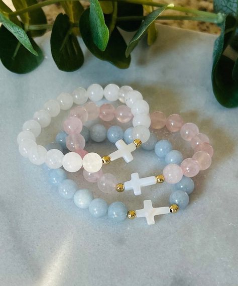 - Gorgeous cross bracelets with with gemstone and pearl. These semi-precious beaded bracelets layer well with our other pieces and add a pop of color to your stack. Coordinating bracelets for stacking in shop. Bracelet is beaded on high quality stretch cord and secured. - 8mm gemstone beads   4mm 18k gold filled accent beads   15mm natural mother of pearl cross - Choose from 3 gemstone options - Bracelets with white jade are known to symbolize peace and harmony and clear the mind. Rose Quartz st Cross Bead Bracelet, Natural Bead Bracelets, Christian Beaded Jewelry, Cross Bracelets, Catholic Bracelet, Preppy Bracelets, Christian Bracelets, Preppy Jewelry, Pretty Jewelry Necklaces