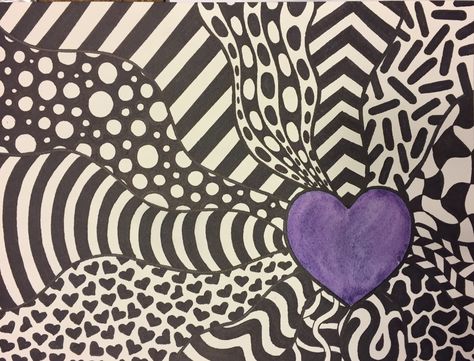 Middle School Art Project- Contrast - Pattern - Emphasis - Zentangle - Heart Art Lesson - Teacher Example - From Mrs. McLain's Art Classroom Emphasis Art Design, Emphasis Art Ideas Principles Of Design, Principles Of Art Emphasis, Emphasis Pattern, Emphasis Drawing Ideas, Emphasis Art Drawing, Emphasis Art Ideas, Emphasis Drawing, Emphasis Design