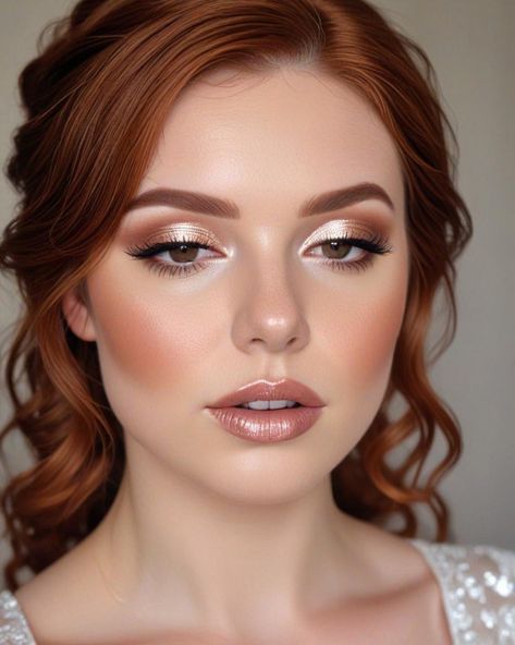 Wedding Makeup Hazel Eyes Red Hair, Bridal Makeup For Ginger Hair, Makeup For Copper Dress, Red Head Bridal Make Up, Makeup Looks For Red Heads, Red Head Bride Makeup, Redhead Glam Makeup, Red Head Wedding Makeup, Redhead Wedding Makeup