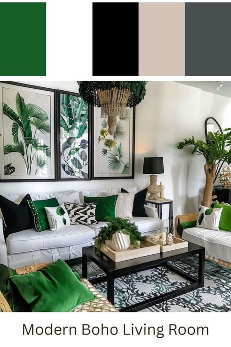 Shades Of Green Living Room Decor, Black White Green Decor, Black White And Green Living Room, White And Green Room, Black White Green Living Room, Couch Room, Cozy Camper, Modern Boho Style, Cream Living Rooms