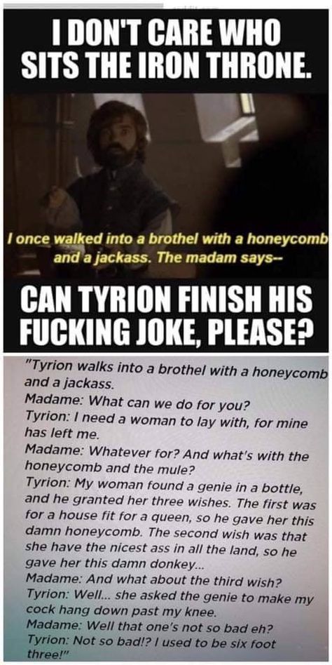 The honeycomb and the jackass Funny Harry Potter, Game Of Thrones Quotes, 9gag Funny, Game Of Thrones Funny, Got Memes, Meme Comics, Gra O Tron, Games Of Thrones, Iron Throne