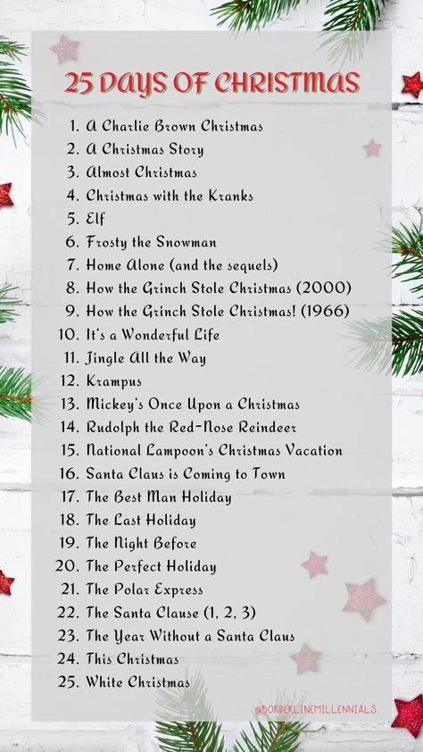 December To Do List Christmas Time, 25 Christmas Movies List, 25 Days Christmas Ideas, Christmas Movie Bracket, 25 Days Of Christmas Movies List, 31 Days Of Christmas Movies, 25 Days Of Christmas Gift Ideas, Christmas Preparation List, 25 Days Of Christmas Ideas