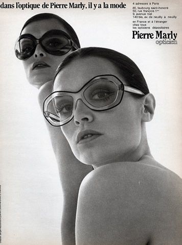 Pierre Marly (Glasses) 1972 Photo Chanloup Sunglasses Ads, Eyewear Ad, 70s Sunglasses, Vintage Sunnies, Black And White Designs, Sunglasses Women Vintage, Eye Eye, Clear Frames, Eyewear Glasses