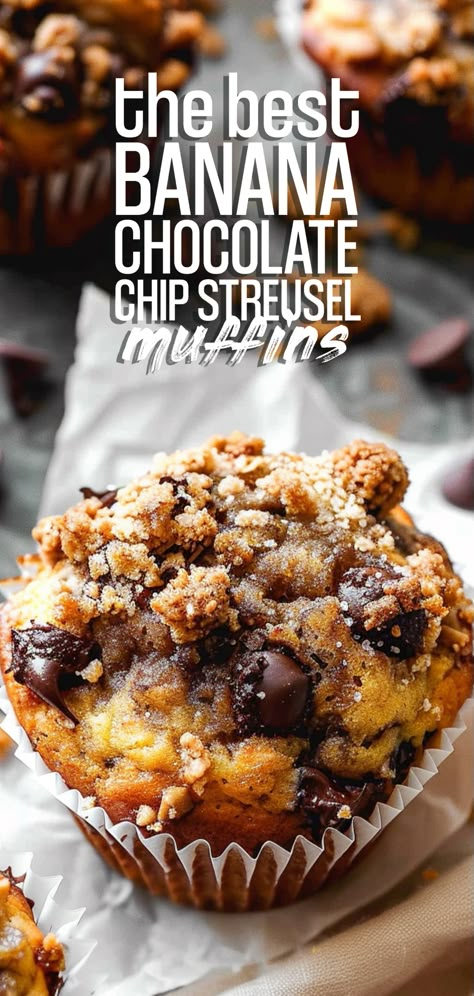 Banana Chocolate Chip Streusel Muffins [40 Minutes] – Chasety Chocolate Chip Streusel Muffins, Moist Banana Chocolate Chip Muffins, Banana Chip Muffins, Chocolate Chip Banana Bread Muffins, Banana Streusel Muffins, Banana Bread Muffin Recipe, Baked Sweets, Chocolate Chip Muffin Recipe, Coffee Cake Muffins