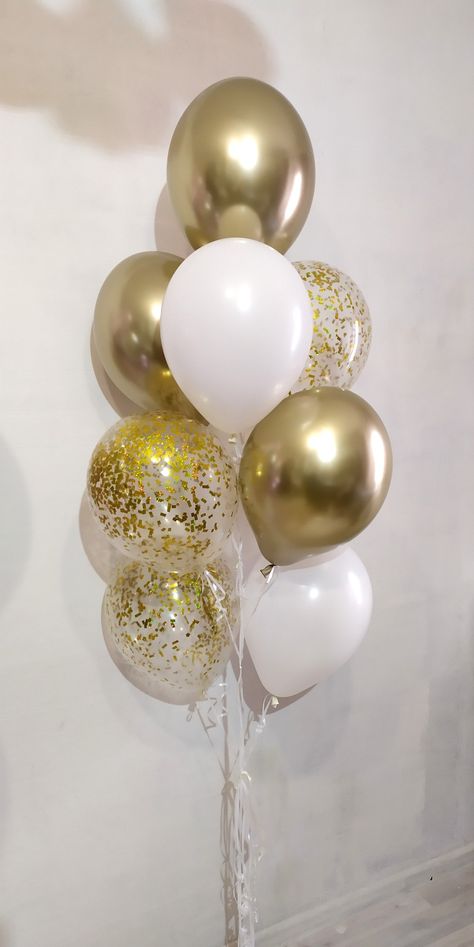 Golden Birthday Balloons, White And Gold Bday Decor, Gold Balloon Bouquet, Gold Glitter Balloons, 21 Birthday Party Decorations, Golden Balloons, Prom Gold, Golden Birthday Parties, Happy Birthday Decor