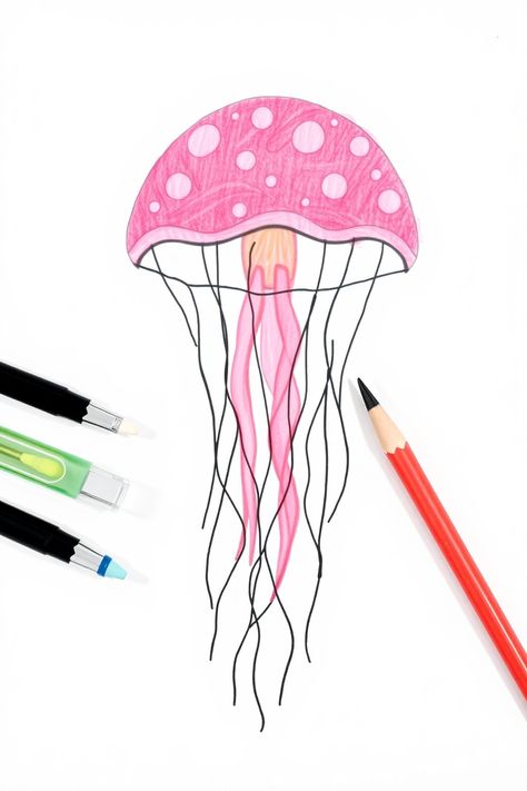 Check Out This Simple Jellyfish Drawing & 12+ Other Jellyfish Drawing Ideas! #drawing #drawingideas Simple Jellyfish Drawing, Easy Jellyfish Drawing, Cute Jellyfish Drawing, Simple Fish Drawing, Coral Drawing, Art Jellyfish, Fish Sketch, After School Art, Octopus Drawing