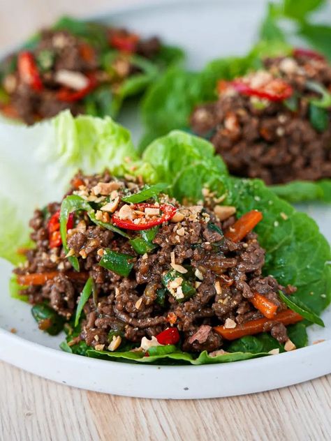 Juicy Thai Beef Lettuce Cups | Simple Home Edit Beef Lettuce Cups, Thai Lettuce Wraps, Sticky Tofu, Pork Pasta, Peanut Salad, Beef Lettuce Wraps, Thai Beef, Slow Cooker Breakfast, Home Edit