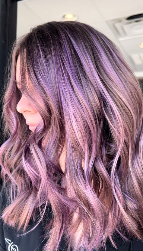 #balayage #vivids #purplehair #pulpriothair #purplehighlights #lavender #lilac #lightpurplehair #lightpurplehighlights #purplebalayage #highlights #vivids #lavenderbalayage Balayage Hair Purple Lavender, Lilac Balayage Brunettes, Pastel Purple Balayage, Lavender Highlights Dark Hair, Lavender Balayage Brunette, Lilac Balayage, Lavender Hair Highlights, Lavender Balayage, Lilac Highlights