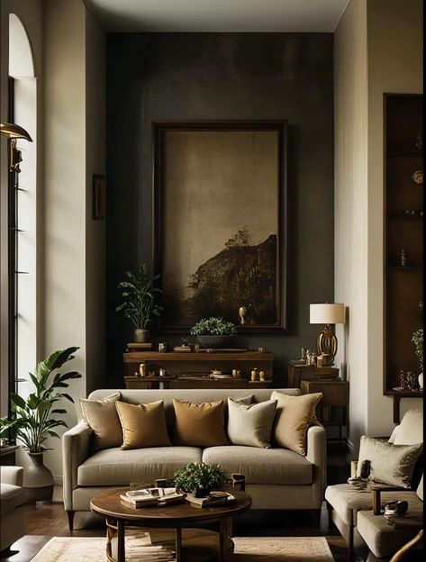 Entrance Living Room Ideas Front Entry, Craftsman Style Homes Interior Decor Living Rooms, Wall Colors For Brown Furniture, Wainscoting Green Walls, Taupe Green Living Room, Natural Design Interior, Whimsygoth Living Room, Old World Home Design, Moody Earthy Interior Design