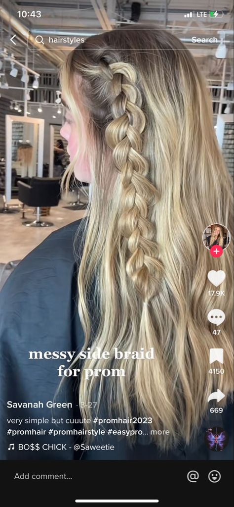 Prom Hair Down With Braid To The Side, Wavy Homecoming Hairstyles, Prom Hairstyles Braid Side, Crimped Hoco Hair, One Braid With Curls, Prom Hair Braid Side, Hair Down Hairstyles With Braid, Hoco Game Hairstyles, Hair Down Side Braid