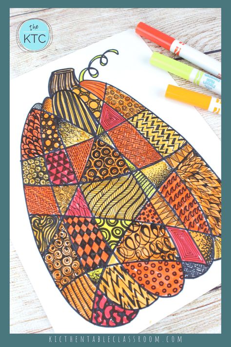 Zentangle Pumpkin Drawing - The Kitchen Table Classroom Pumpkin Art Project, Thanksgiving Art Projects, Halloween Art Projects, Nail Art Halloween, Pumpkin Drawing, October Art, Middle School Art Projects, Fall Arts And Crafts, Fall Art Projects