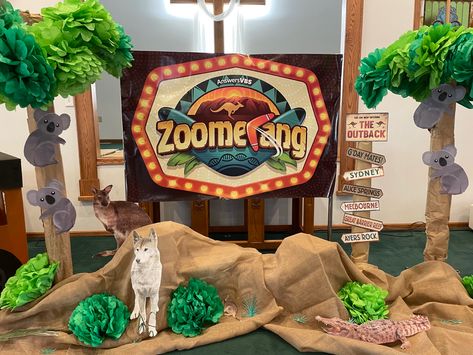 Zoomerang Vbs Decor, Zoomerang Vbs Decorating Ideas, Australia Vbs Decorations, Zoomerang Vbs, Kingdom Vbs, Kapok Tree, Vbs Decorations, Vbs 2023, Travel Party Theme