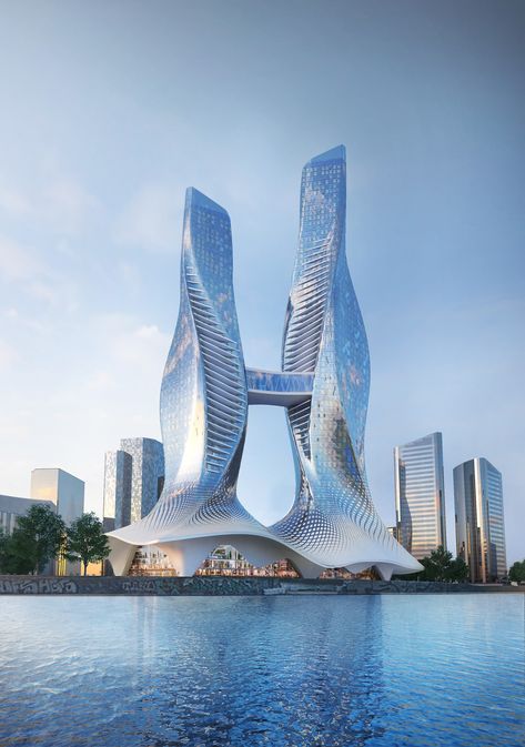 Conceptual design for two towers with commercial podium located in bahrain Architecture Photography Buildings, Futuristic Building, Two Towers, Future Buildings, Unusual Buildings, New Architecture, Parametric Architecture, Skyscraper Architecture, Building Concept