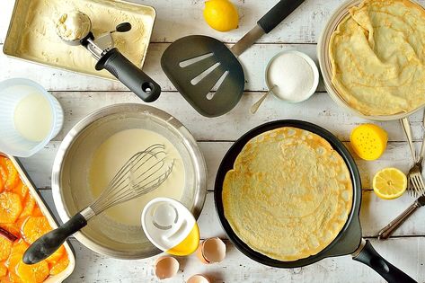 Pancakes With Caramel Oranges Cupcake Receptek, Breakfast Omelet, Homemade Crepes, Almond Ice Cream, Pancake Pan, Crepe Pan, Hard Cooked Eggs, Perfect Pancakes, White Dishes