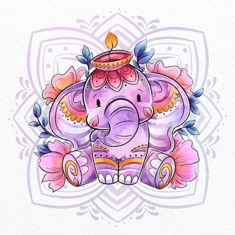 Drawing Ideas With Watercolors, Elephant Illustration Design, Diwali Watercolor, Elephant Illustration Art, Diwali Elephant, Indian Elephant Art, Cute Art Drawings, Diwali India, Art Mini Toile